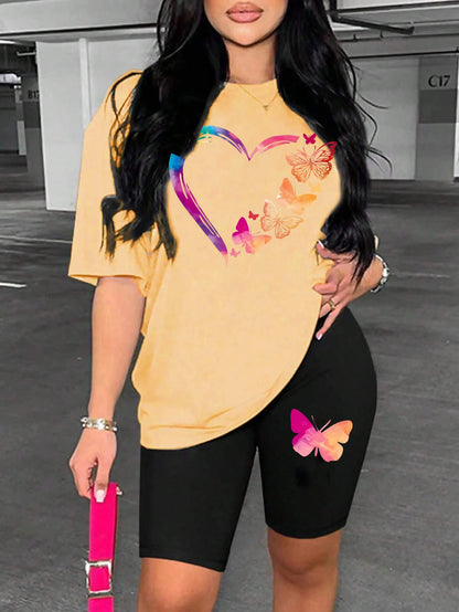 The Love Strung Together By Butterflies Printing Women T Shirts Two Piece Set Fashion Short Sets Comfortable Basic Shirt Shorts