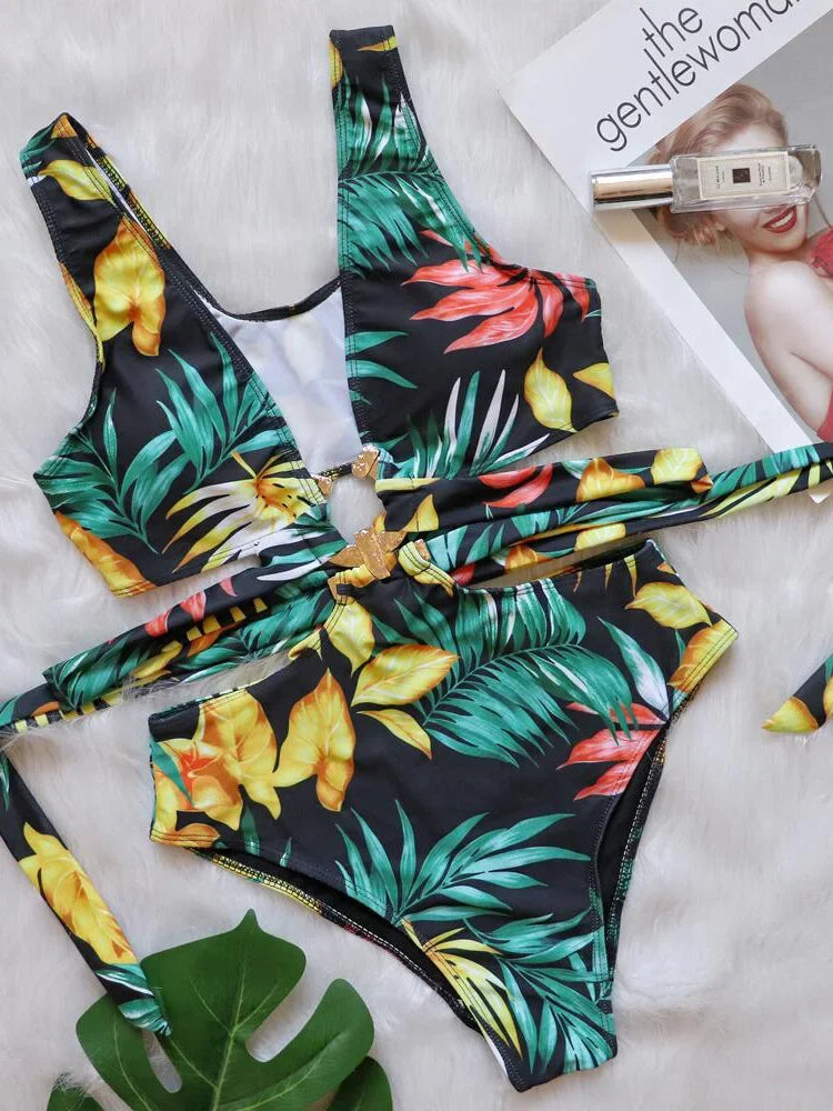 Leaves Printed High Cut Out Women Swimwear One Piece Swimsuit Female High Waist Monokini Bather Bathing Suit Swim Lady