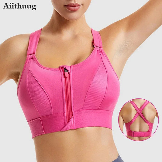 Aiithuug Zip Front Closure Strappy Criss Cross Yoga Bra Women's Padded Shockproof Gathered Seamless Wireless Sport Gym Bras