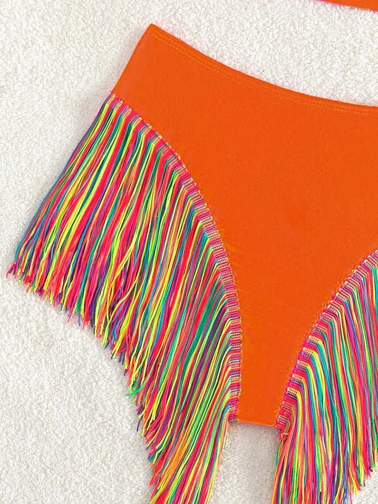 Fringe Tassel One Shoulder High Waist Bikini Women Swimwear Female Swimsuit Two-pieces Bikini Set Hollow Out Bathing Suit Swim
