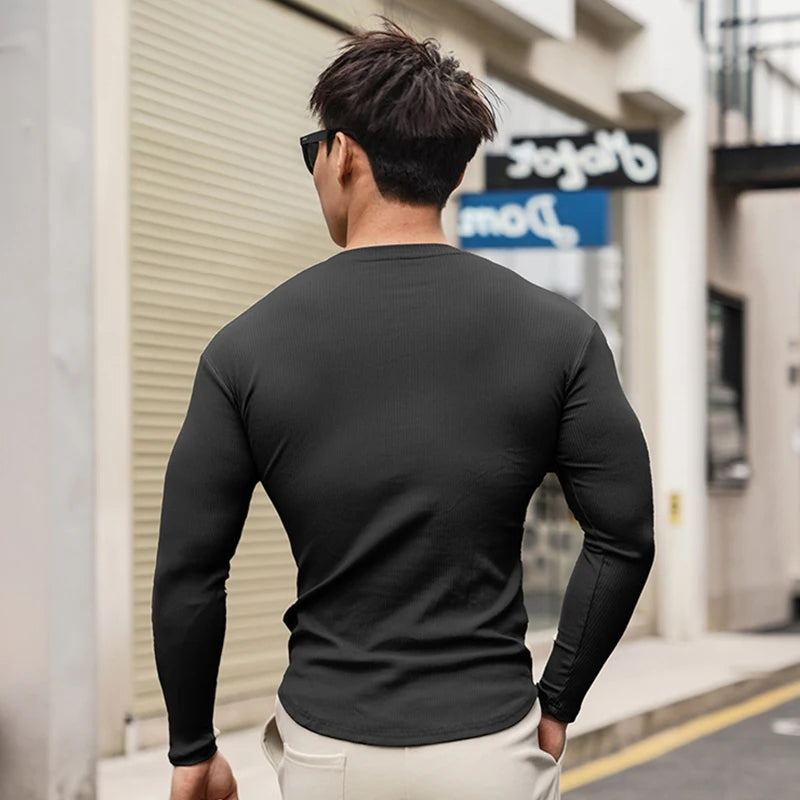 Fashion Casual Compression Shirt Large Sports Workout T-shirt Men's Elastic Long Sleeve Autumn V-Neck Gym