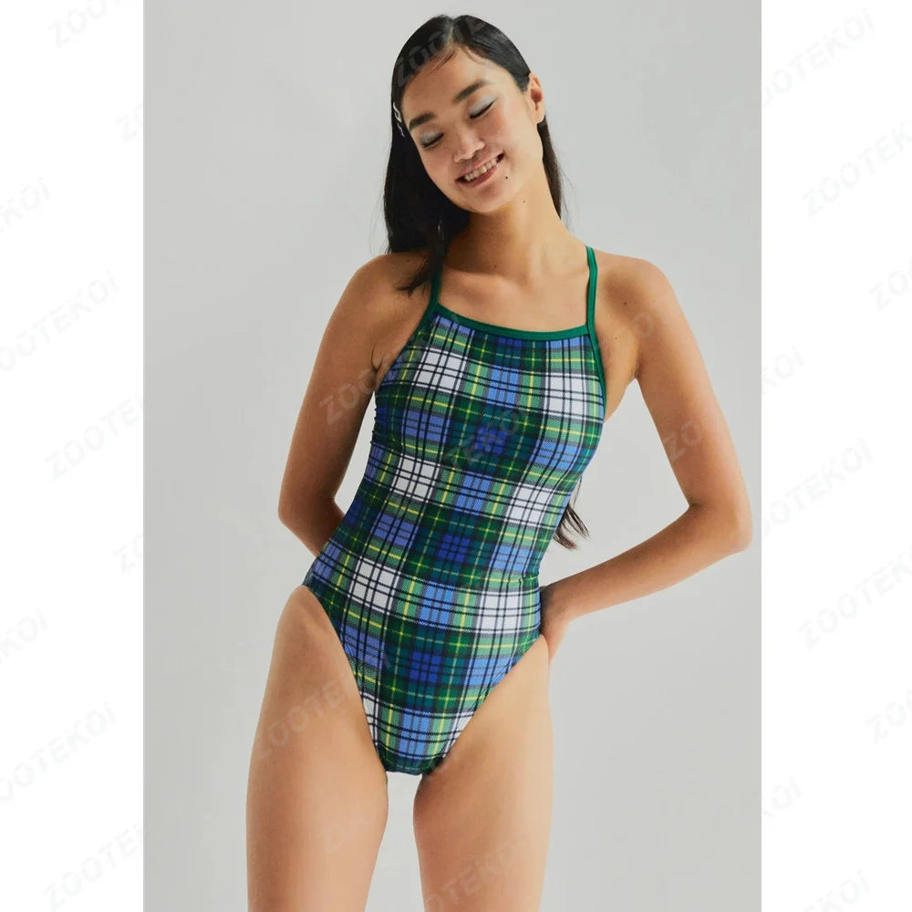 Women's Swimming Suit Hollow Back Swimsuit Female One-piece Triathlon Happy Prints Fit Practice Training Swimsuit