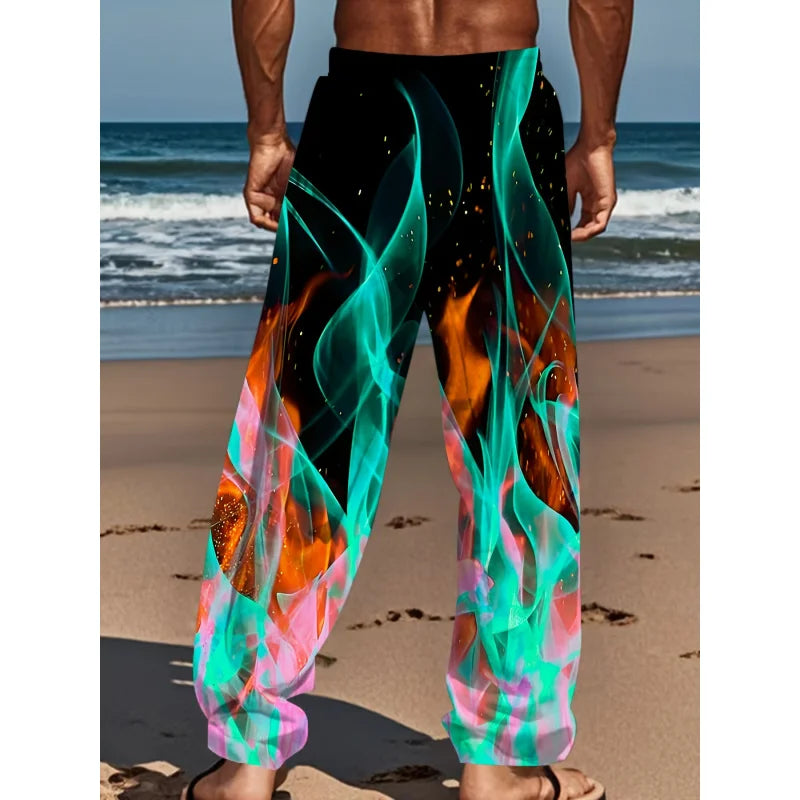 Men's Casual Pants Dynamic 3D Flame Print Straight Leg Casual Pants Waist Retro Style Street Wear