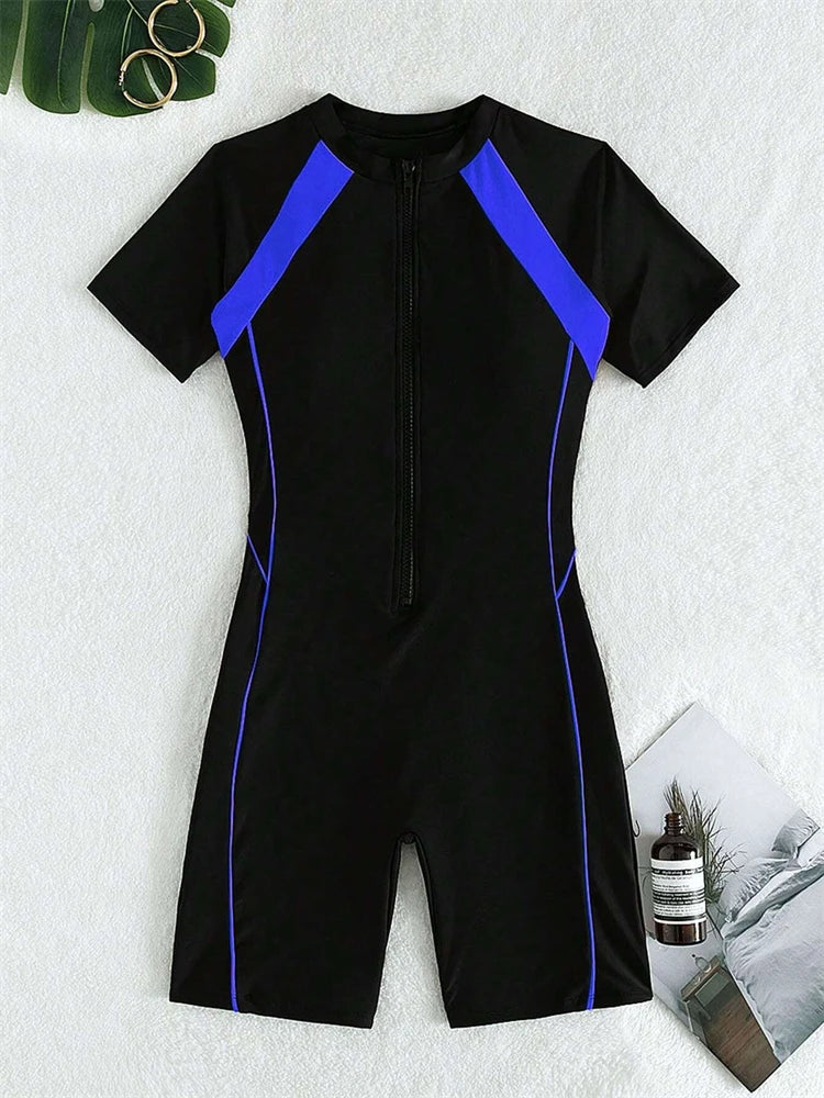 One Piece Swimsuit Women  Black Short Sleeves Zippers Swimwear Boxer Shorts Bodysuit Monokini Beach Bathing Suit Female