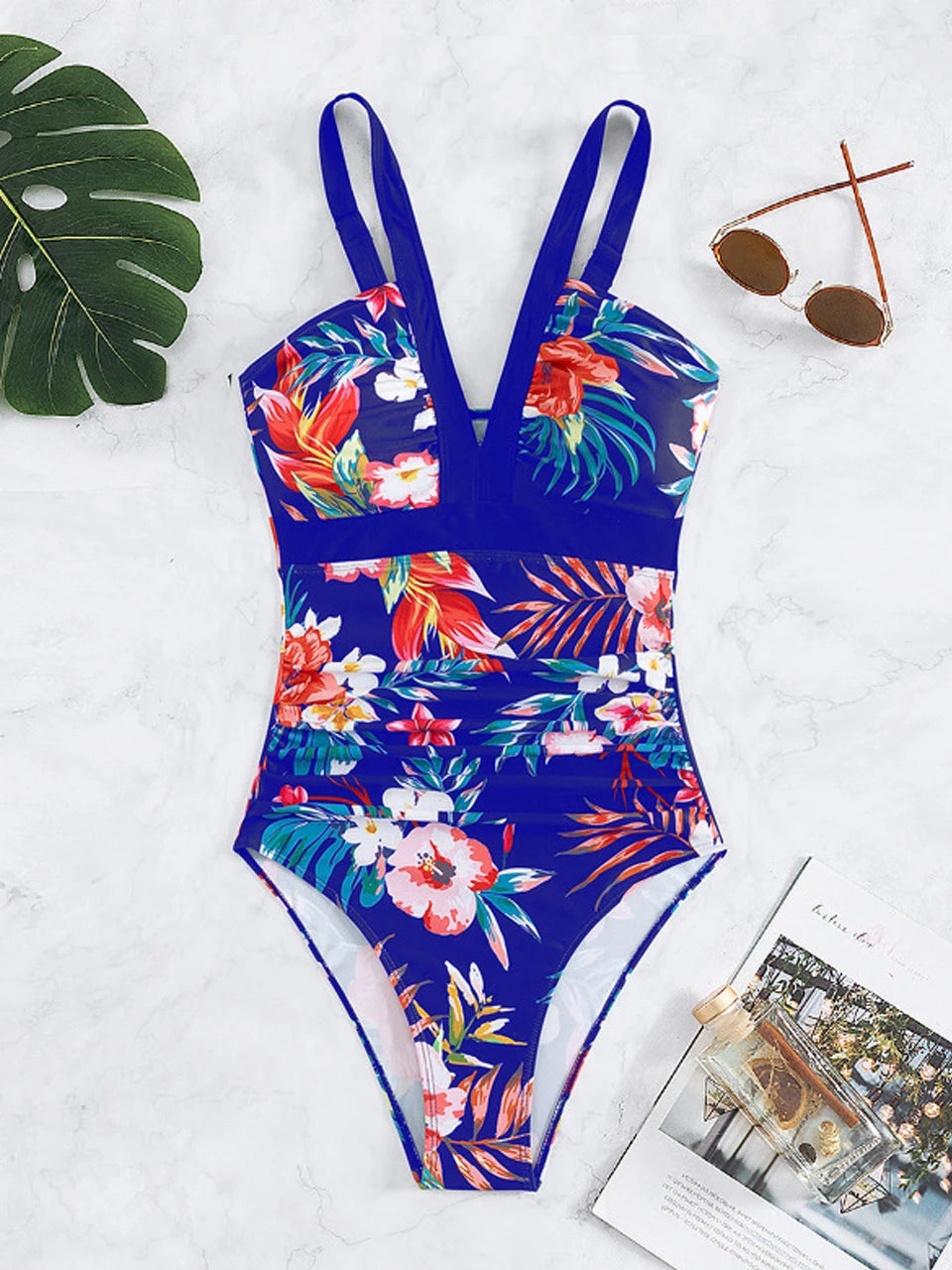 Deep V-Neck One Piece Lady Swimsuit Print Swimwear Women Bathing Swimming Suit Female Padded Beachwear Bodysuit Summer