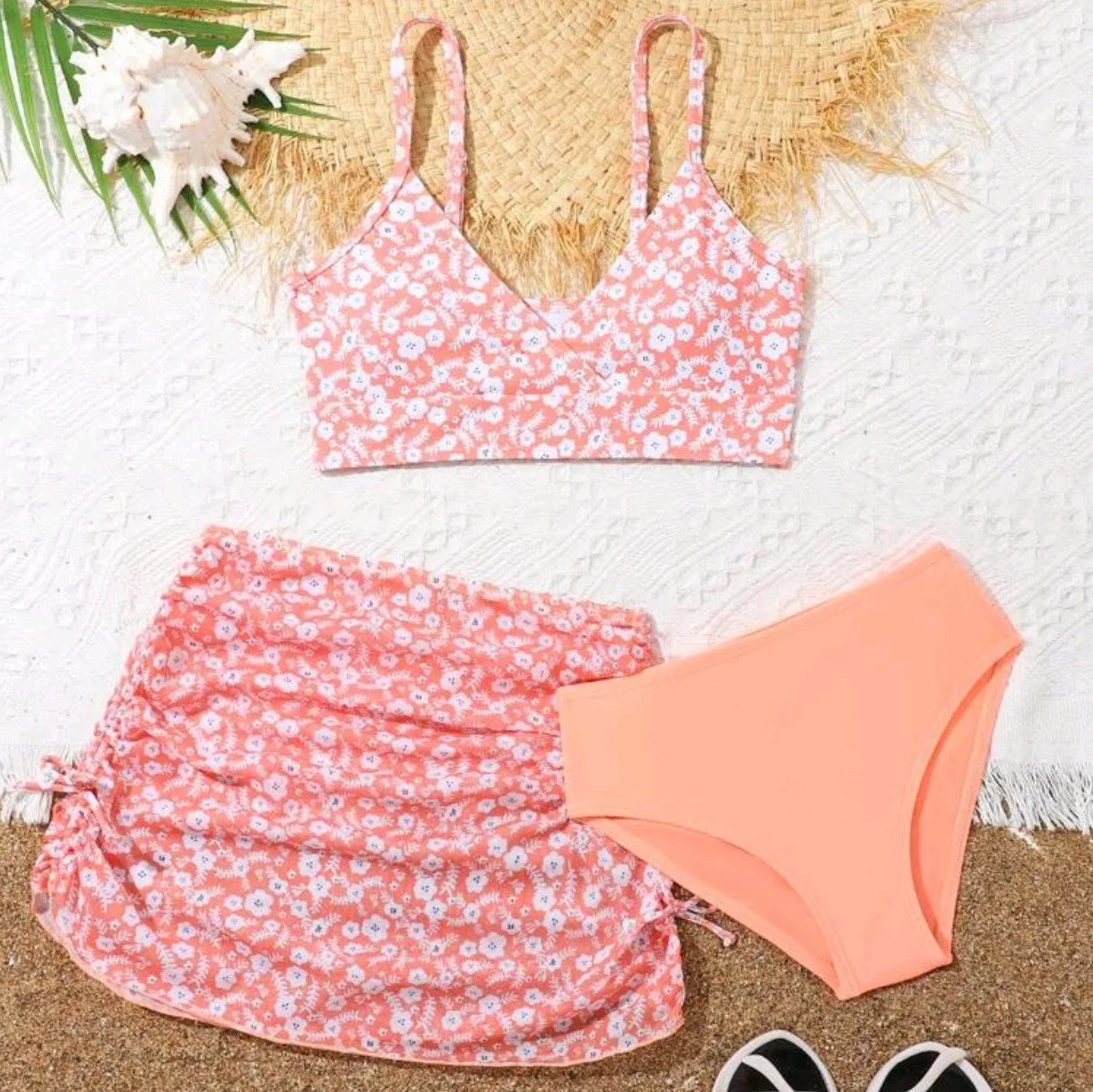 Girls 3 Piece Floral Print Bikini Sets Kids Swimsuit Beach Skirts 7-12 Years Children's Swimwear 2025 Teenages Girl Bathing Suit