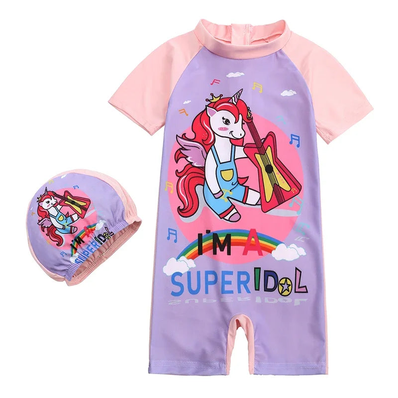 Baby Boys Girls 2pcs Summer Beach Swimwear Print Cartoon Cap+Bodysuit Infant Suit Outfit Bathing Swimsuit