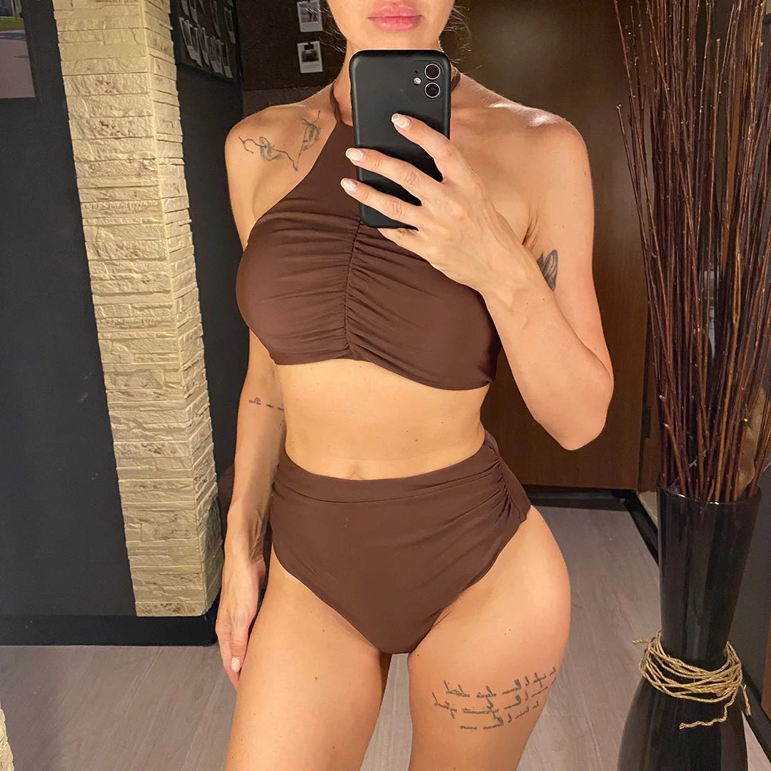 Halter Wrinkled High Neck Female Swimsuit High Waist Bikini Women Swimwear Two-pieces Bikini set Bather Bathing Suit Swim