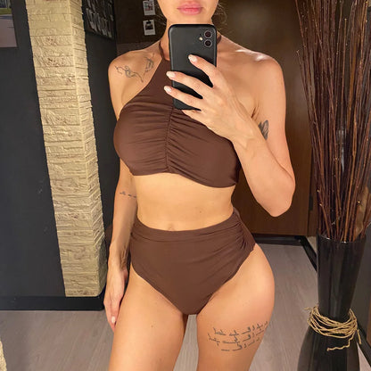 Halter Wrinkled High Neck Female Swimsuit High Waist Bikini Women Swimwear Two-pieces Bikini set Bather Bathing Suit Swim