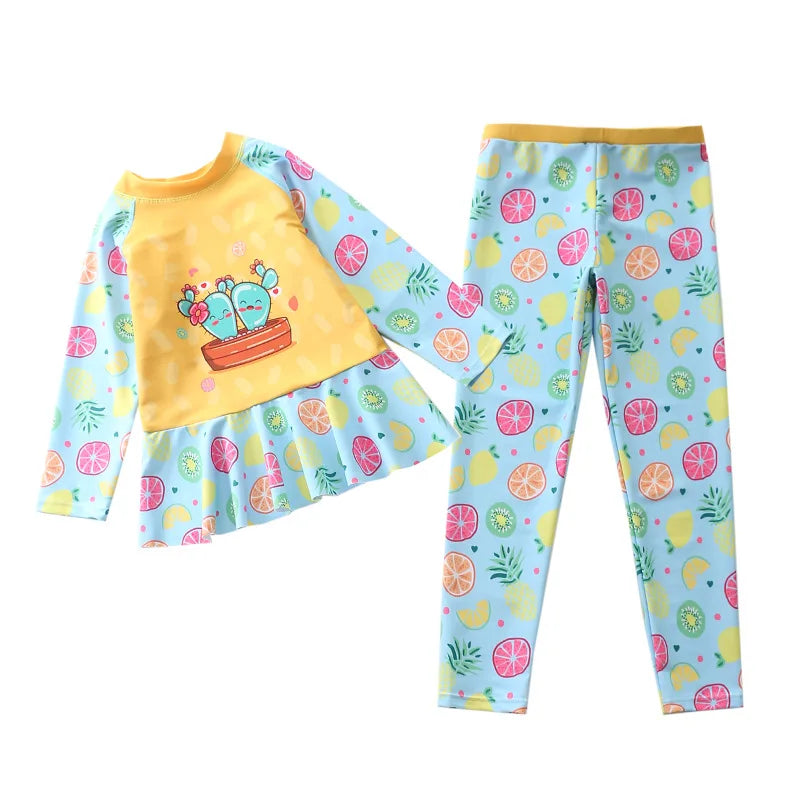 Swimsuit for Girls Long Sleeve Ruffles Girls Swimwear Cartoon Print Separate Bathing Suit Kids 2 Pcs Beach Surfing Swimming Wear
