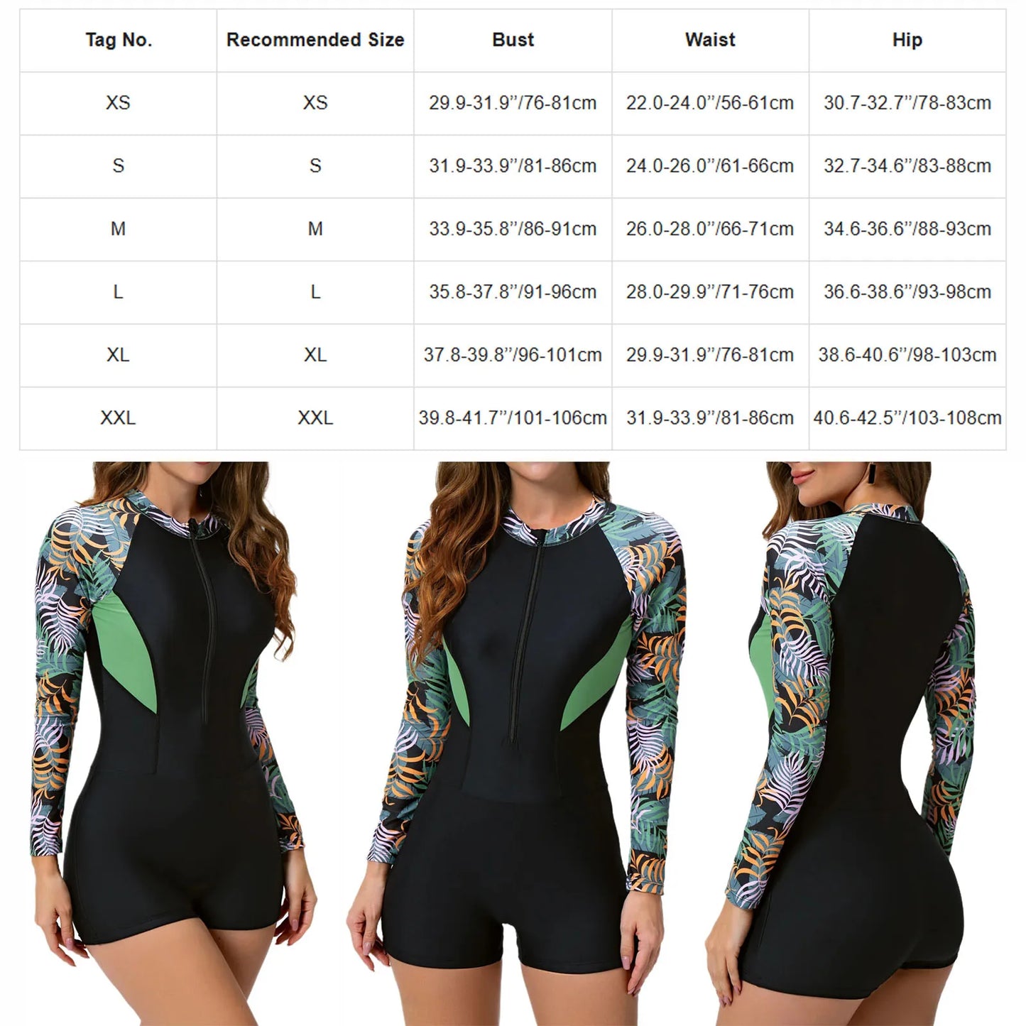 One Piece Floral Print Athletic Swimsuit Swimwear for Women Long Sleeve Zip Front Tropical Plant Surfing Sun Protection Bodysuit