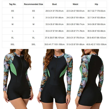 One Piece Floral Print Athletic Swimsuit Swimwear for Women Long Sleeve Zip Front Tropical Plant Surfing Sun Protection Bodysuit