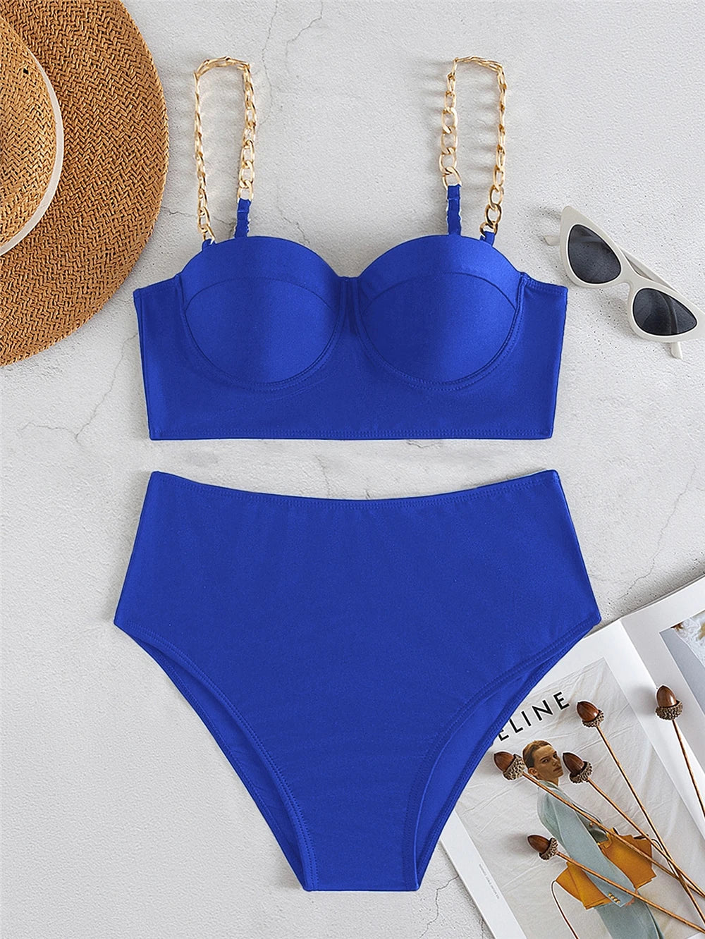 Chain Strap Bikinis  Women Solid Push Up Swimsuit High Waist Swimwear Female  Bathing Suit Swimming Summer Beachwear