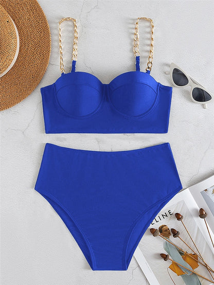 Chain Strap Bikinis  Women Solid Push Up Swimsuit High Waist Swimwear Female  Bathing Suit Swimming Summer Beachwear