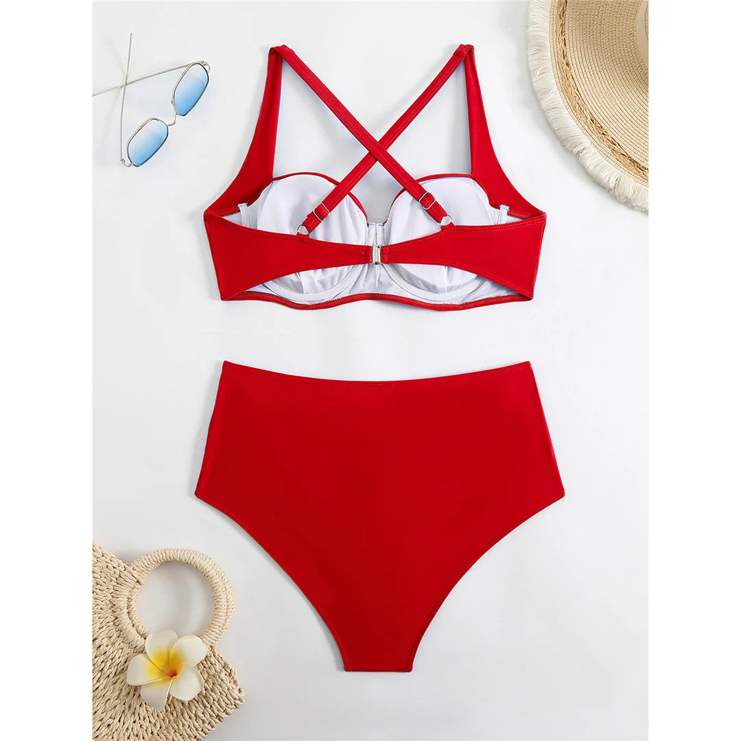 Pleated Underwired Padded Female Swimsuit High Waist Bikini Women Swimwear Two-pieces Bikini set Bather Bathing Suit Swim