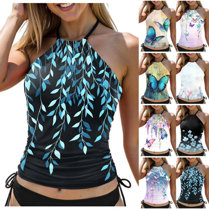 Women's Leaf Print Tankini Swimwear Summer Backless Hanging Neck Suspender Tops Mid Waist Side Drawstring Conservative Shorts