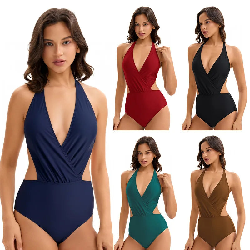 Swimwear One Piece Swimsuit Tummy Control Deep V Neck Bathing Suit for Women Lady Solid Backless Beach Wear
