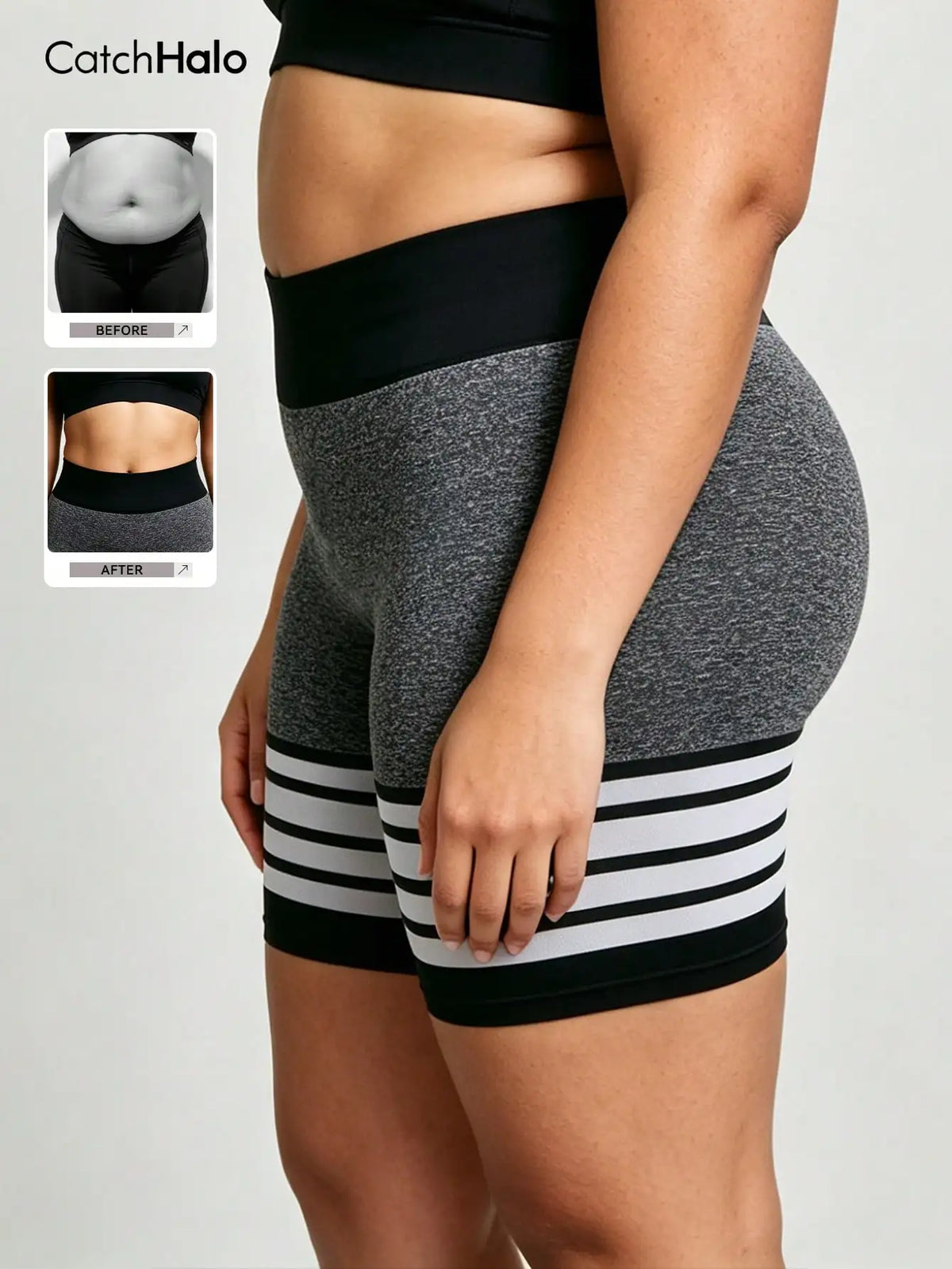 Plus Size Women Striped Gym Shorts, Seamless High Waist Tummy Control High Stretch Butt Lifting