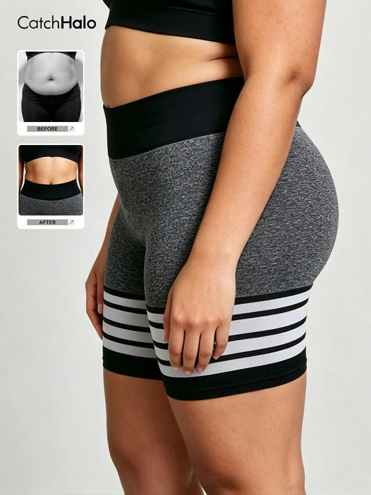 Plus Size Women Striped Gym Shorts, Seamless High Waist Tummy Control High Stretch Butt Lifting