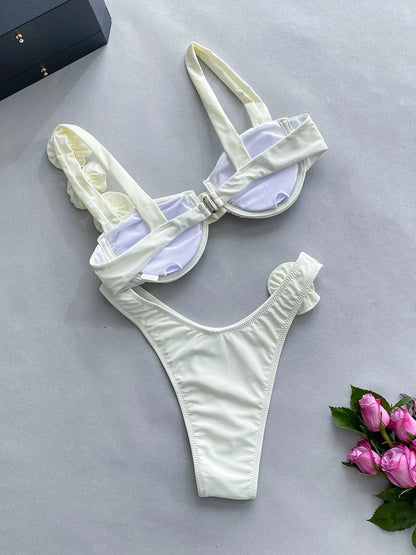 Strappy Bikinis 3D Floral Swimsuit Women Separation Swimwear Female Bathers Bathing Swimming Suit Beachwear