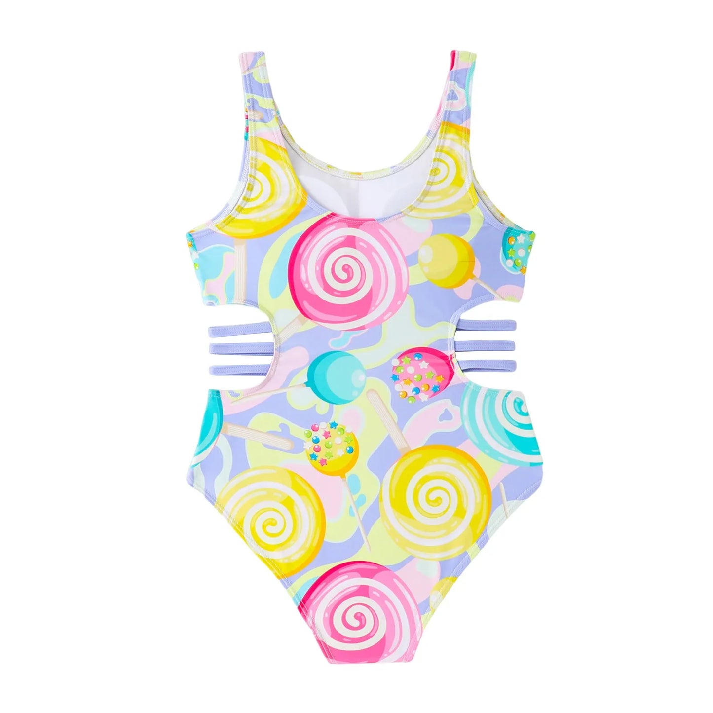 Lollipop Print Summer Kids Girls One-Piece Swimsuit Swimwear Hollow Girls Monokini Children's Swimming Wear Bathing Suit 8-12Y