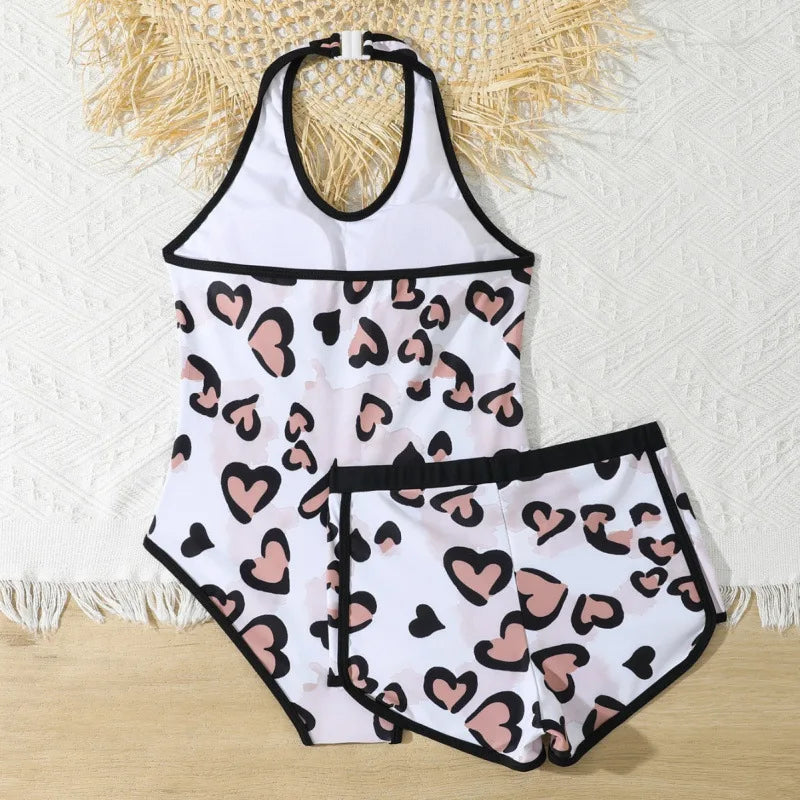 Girls One Piece Swimsuit 7-12 Year Kids Swim Suit Teenage Children's Swimwear Leopard Bathing Suits with Shorts Bodysuit