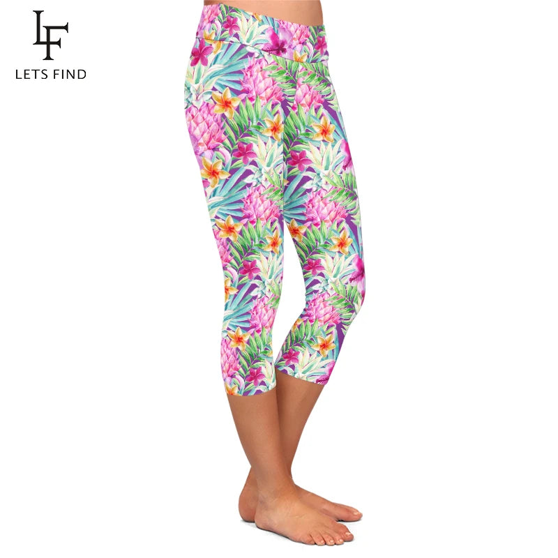 Flowers Digital Printing Fitness Capri Leggings High Waist  Mid-Calf 3/4 Leggings