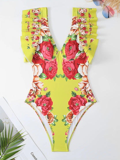 Ruffle Push Up Swimwear Women One Piece Floral Swimsuit Vintage Bather Bathing Swimming Swim Suit Beachwear Summer Bodysuit