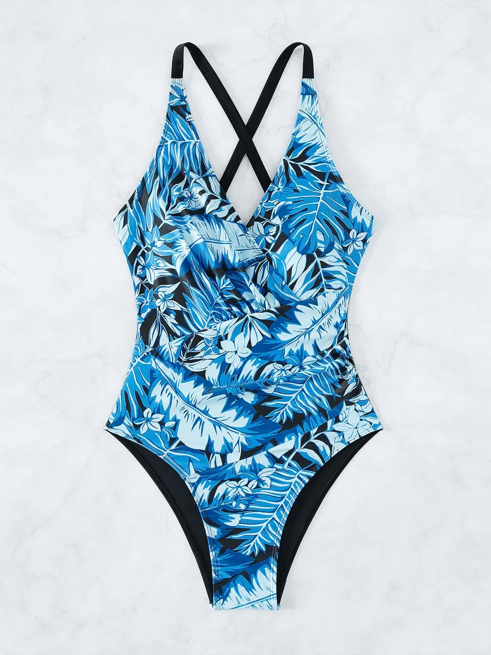 Strappy Leaves Printed Swimsuit Women One Piece Crisscross Back Swimwear Female Bodysuit Bathing Swimming Suit Beachwear