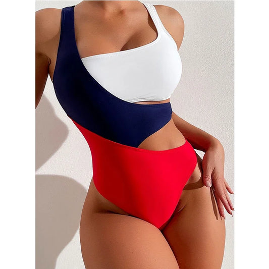Contrast Color Bikini One Piece Swimsuit Women Hollow Out Beach Bodysuit Slim Fitting Swimsuit Backless Summer Bathing Suit