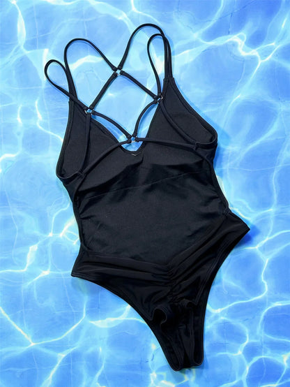 Solid Blue Backless Swimwear One Piece Swimsuit Women Back Cross String Bathers High Cut Bathing Suit