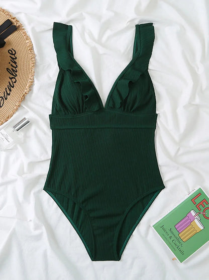 Ruffle Swimsuit One Piece Solid V-neck Backless Swimwear Women Bathing Swimming Swim Suit Female Padded Beach Wear Summer