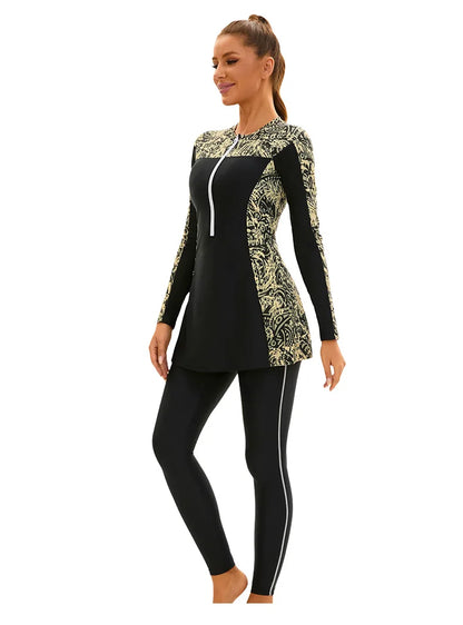 Modest Printed Swimwear Set Women's Long Sleeve Zip-Up Burkini with Skirt & Pants