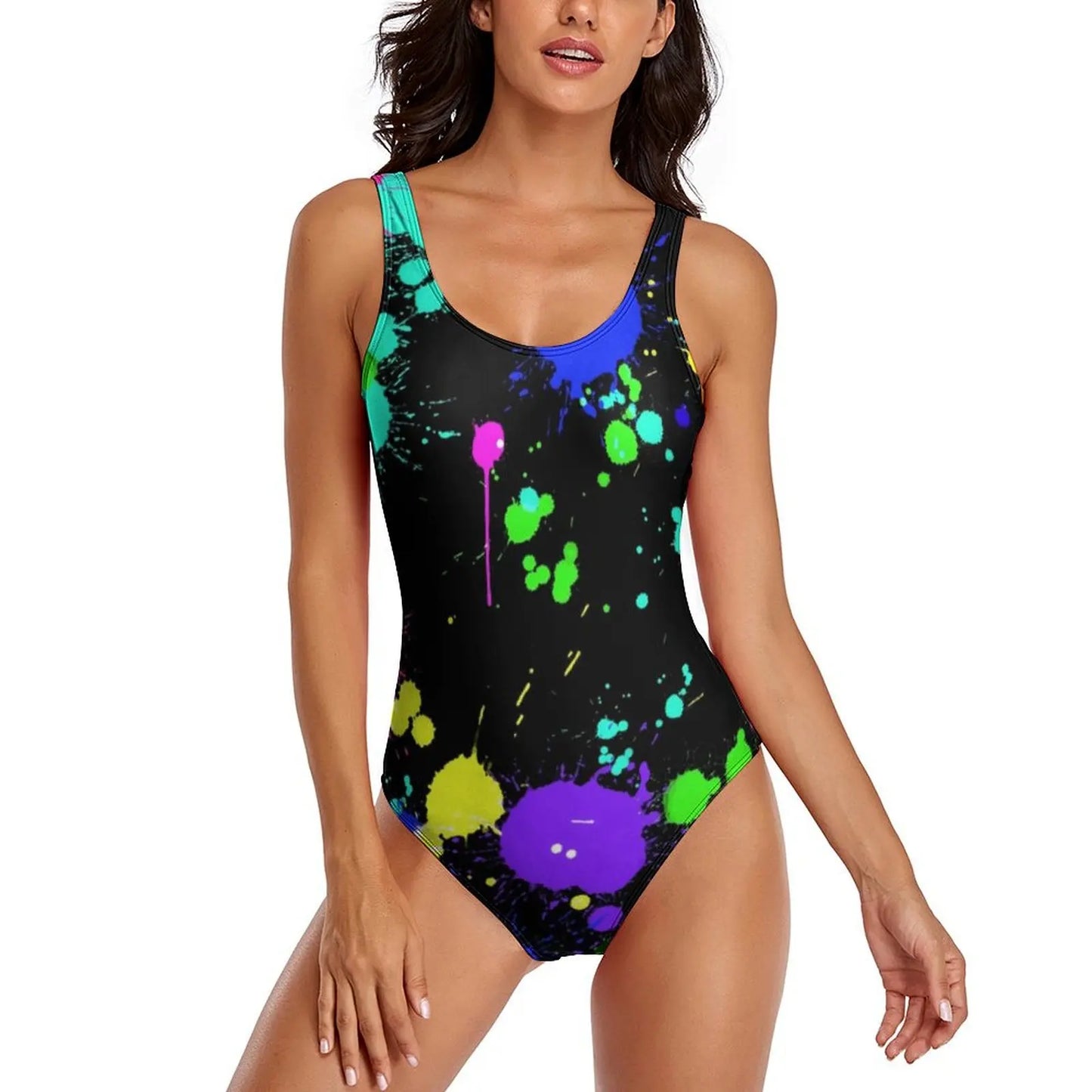 Neon Paint Swimsuit Graffiti Splatter Print One-Piece Swimwear Push Up Bodysuit Elegant Holiday Rave Beach Wear