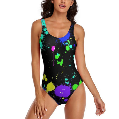 Neon Paint Swimsuit Graffiti Splatter Print One-Piece Swimwear Push Up Bodysuit Elegant Holiday Rave Beach Wear