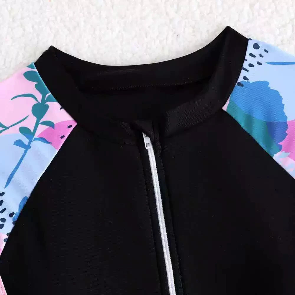 Rash Guard Printed Girls Swimsuit One Piece Zipper Kids Swimwear Female Children's Bathing Swimming Swim Surf Suit 8Y-12Y