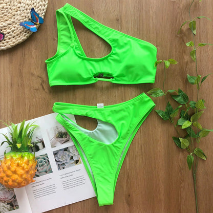 Solid color swimsuit irregular diagonal shoulder  bikini Swimwear Beach Bathing Suits