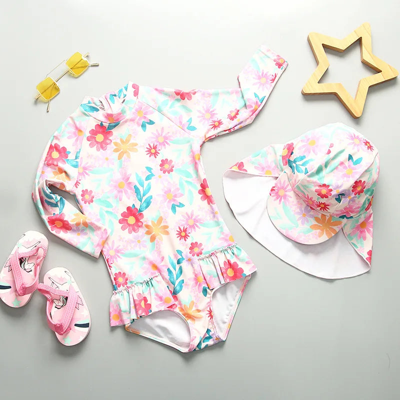 UPF50 Girls Swimwear Long Sleeves Floral Baby Swimsuit UV Protection Children's Swimming Suit Beach Summer Toddler Bathing Suit
