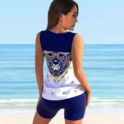 Women's Fashion Backless Retro Style Swimwear Two Piece Swimsuit Patchwork Printed Tankini Shorts Swimming Clothes S-6XL