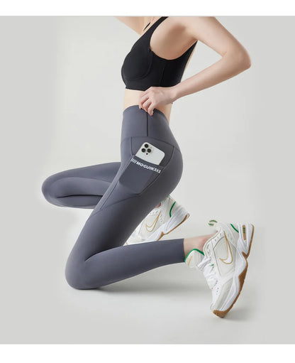 Pocket Brushed Shark Leggings Women Autumn Light Fleece Phone Leggings Slim Tight-Fit Sports Yoga Fitness Leggings