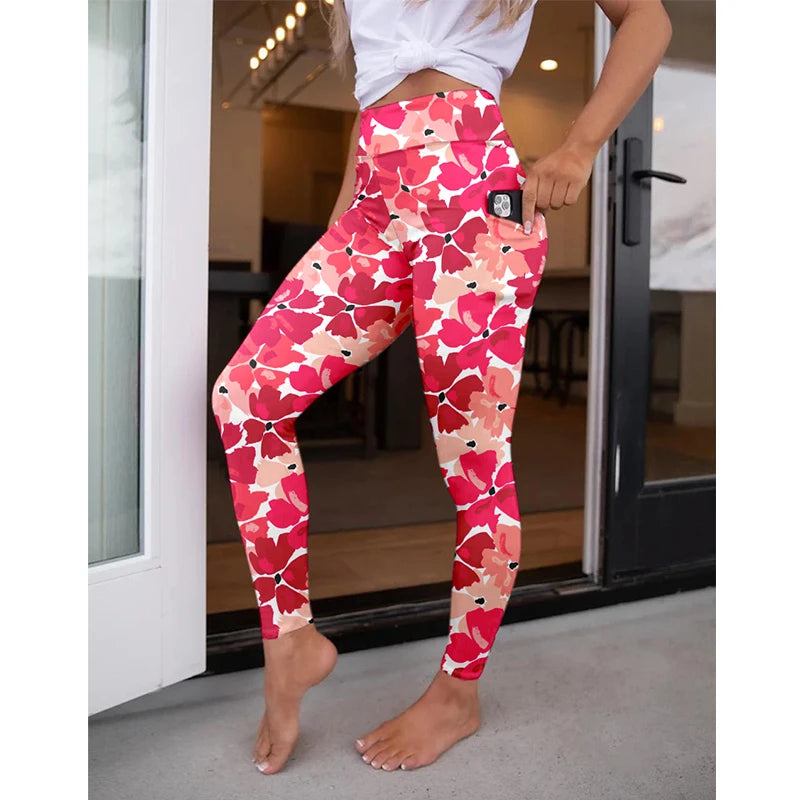 High Waist Women's Fitness Leggings 3D Digital Print Sexy Pocket Elastic Pants Fashionable Gym Trousers