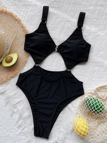 Black One Piece Swimsuit Swimwear Women Hollow High Waist Bathing Suit Beachwear Metal Hoops Decor