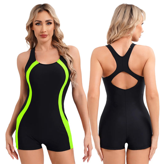 Women One Piece Modest Swimsuit Boy short Sleeveless Rashguard Swimwear Contrast Athletic Bathing Suit Bodysuit Surf Wear