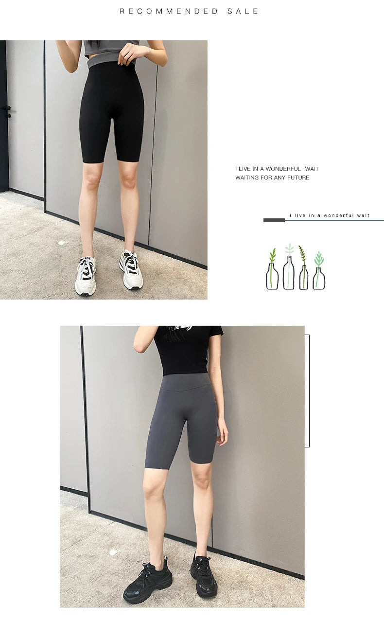 BIVIGAOS Summer Basic Cycling Shorts Women Casual Sharkskin Knee Length Short Legging High Waist Tight Sport Running Biker Short