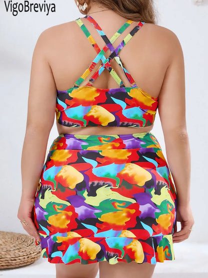 Color Print Strapped 2 Piece Plus Size Skirt Bikini Set Women High Waist Curvy Swimsuit Lady Beach Big Bathing Suit