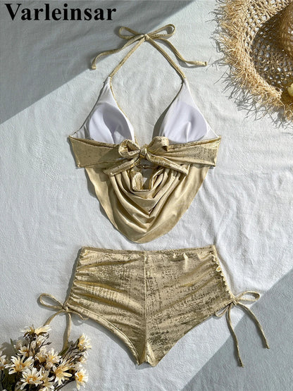 Glitter Sparkling Halter Bikini Women Swimwear Female Swimsuit Two-pieces Bikini set Shorts Bather Bathing Suit Swim