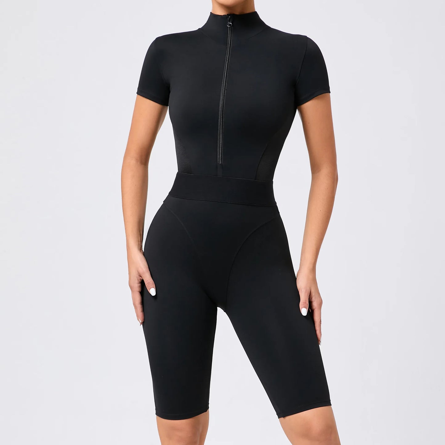 Nylon Yoga Jumpsuits Sports Fitness Hip-lifting Tights Short Sleeve Zipper Yoga Workout Gym Leggings Sportswear for Women