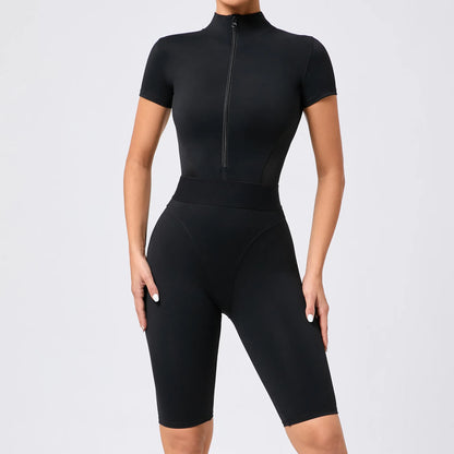 Nylon Yoga Jumpsuits Sports Fitness Hip-lifting Tights Short Sleeve Zipper Yoga Workout Gym Leggings Sportswear for Women