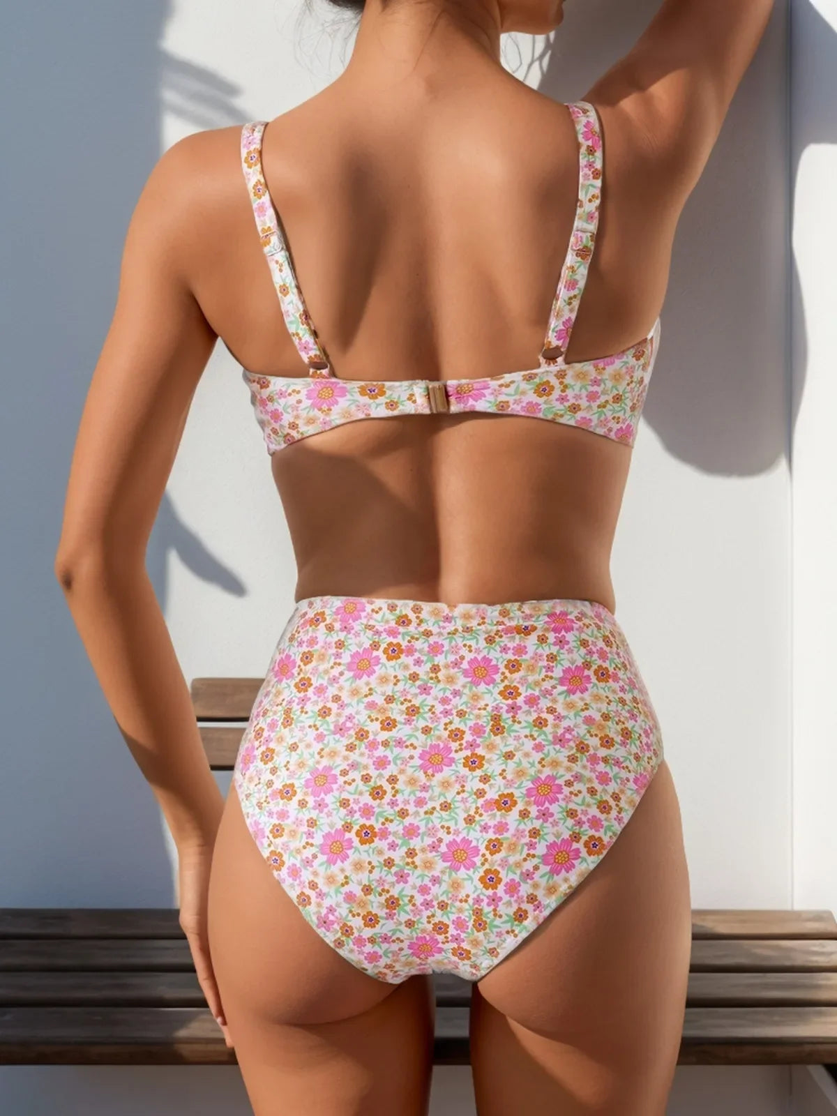 Floral Print 2 Piece Swimsuit for Women High Waist  Bandeau Bikini Set Suspender Backless Beach Vacation Swimwear Bathers
