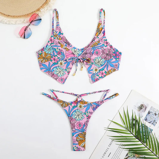 Women's Bikini with H Stye top Swimsuit Floral Design Bikini